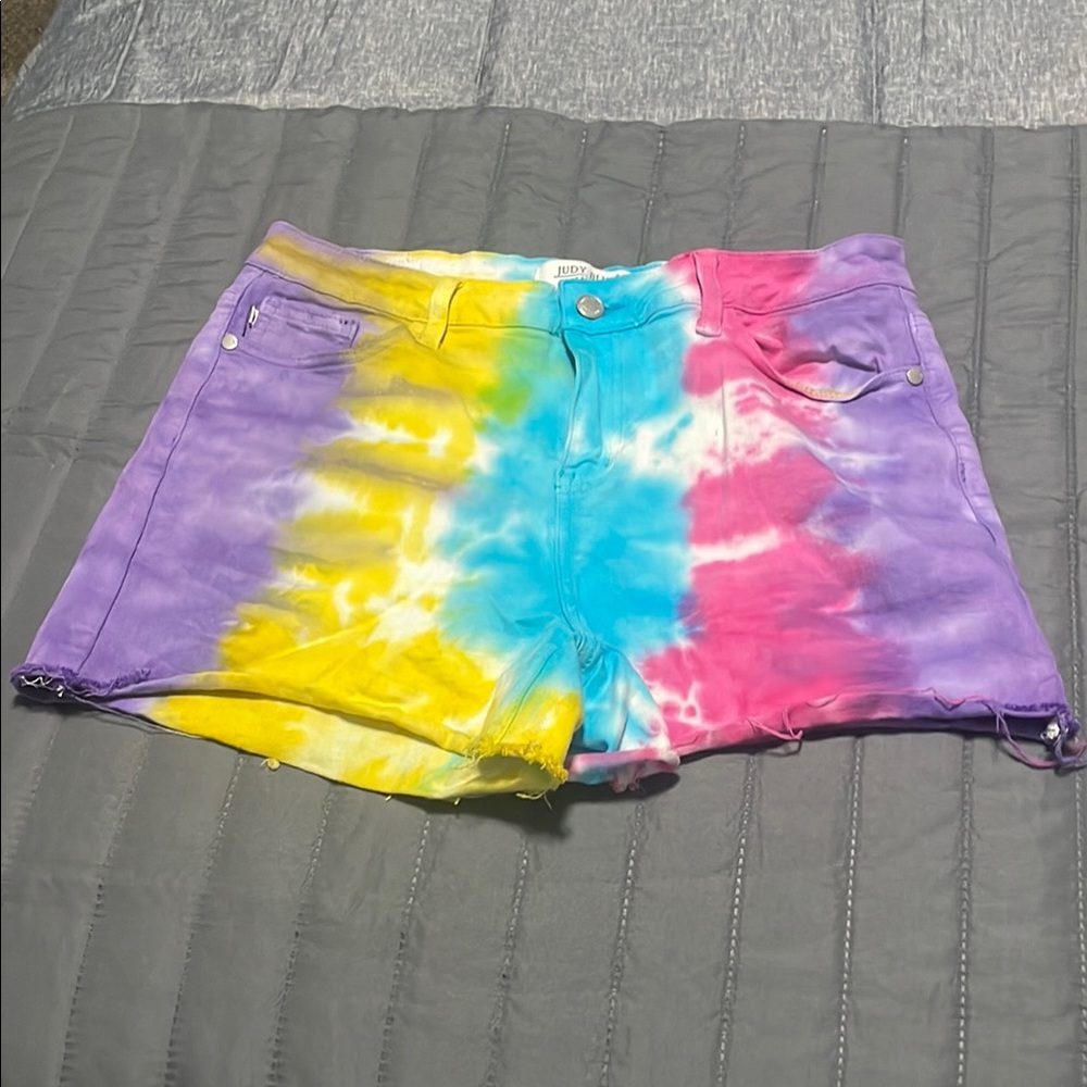 Judy Blue Tie-Dye Cotton Jean Shorts in Purple, Yellow, Blue, Pink